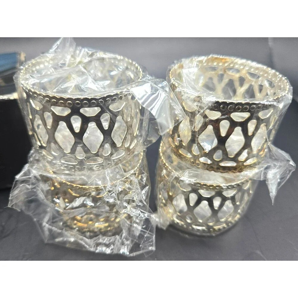 Vintage Set of 4 Silver-Plated Openwork Filigree / Lattice Napkin Rings in Box